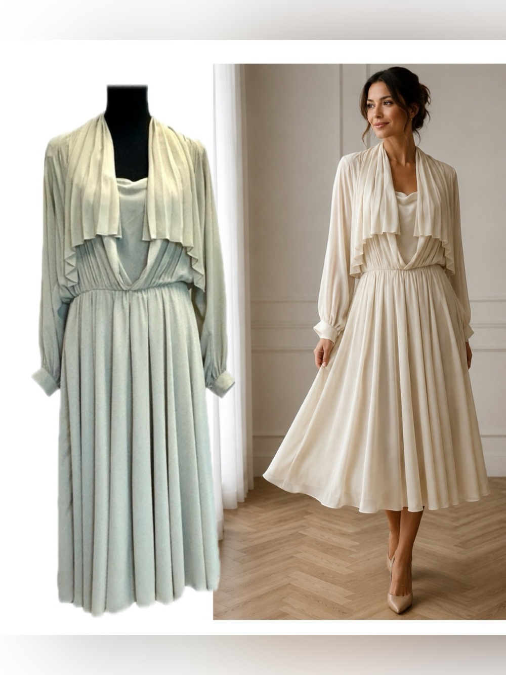 Wayne Clark Aline Marelle Vintage beige cream pleated midi dress Sz 12 - Picture 16 of 16